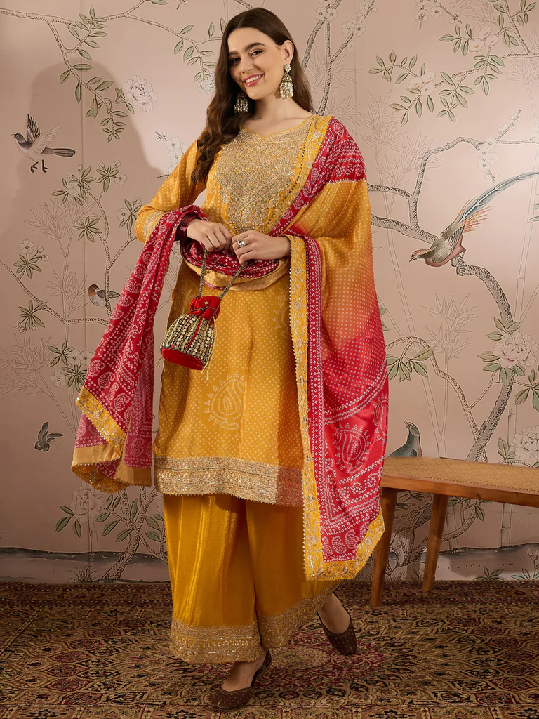 Yellow Coluer Chinon Fabric Partywear Palazzo Salwar Suit
