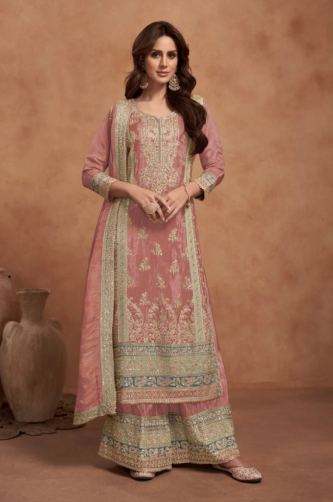Peach Coluer Partywear Kurta Palazzo Suit