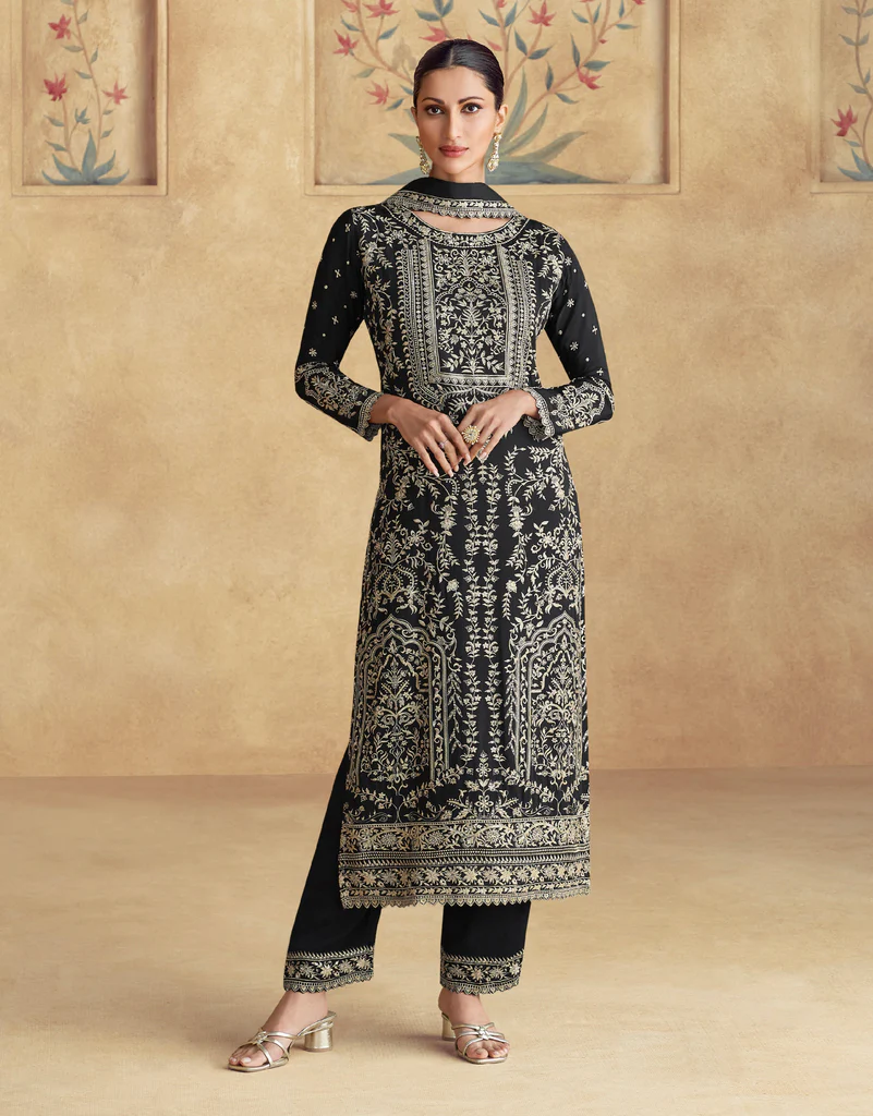 Black Coluer Partywear Embroidery Salwar Kameeez Suit